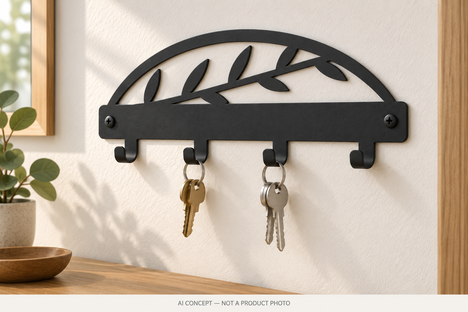 Design preview of a botanical four-hook key rack in an entryway, with two lightweight keyrings; no load rating is established